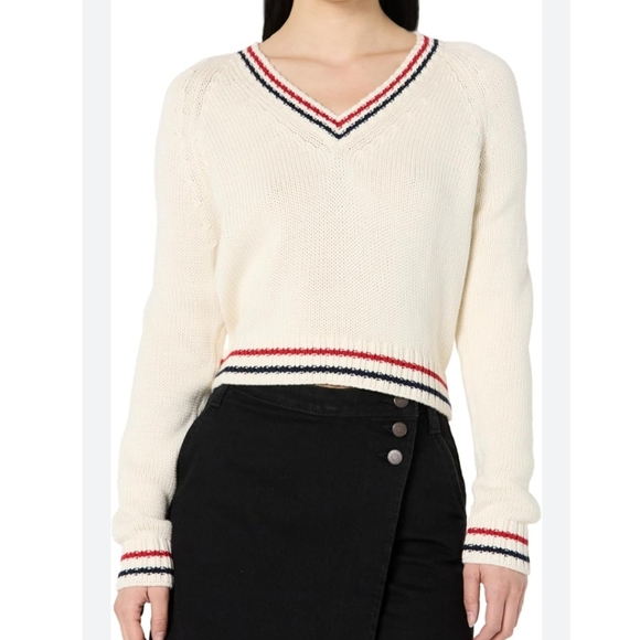 The Drop Sweaters - NWT The Drop Chunky Knit V- Neck Sweater In Cream With Red/Blk Stripe Accents 3X